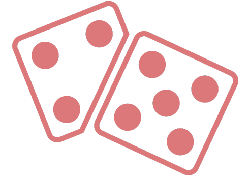 Grafische Darstellung von zwei sich überlagernden Würfeln in lachsrot. Der vordere Würfel zeigt fünf Punkte, der hintere ist schräg angeschnitten und zeigt drei Punkte