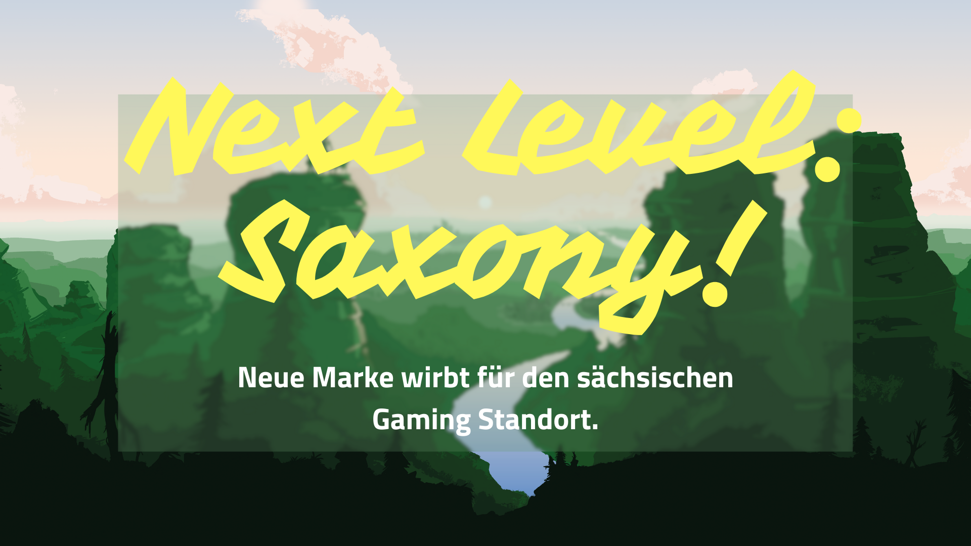 Grafische Darstellung einer grünen Hügellandschaft mit blauem Himmel. Links und rechts sind zwei höhere Berge, mittig fließt ein Fluß. Auf dem linken Berg stehen ganz oben zwei Personen und schauen in die Ferne. In gelber Schrift steht auf der Grafik Next Levely: Saxony! Darunter steht in weißer Schrift Neue Marke wirbt für den sächsischen Gaming Standort.
