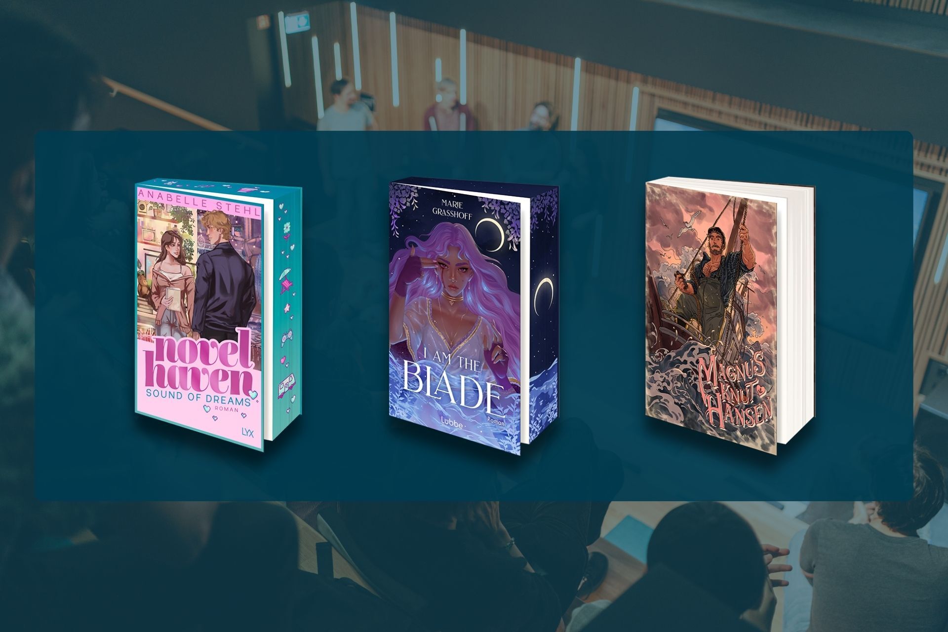 Das Bild zeigt die Cover der drei Bücher aus denen die Autorinnen und der Autor lesen werden.