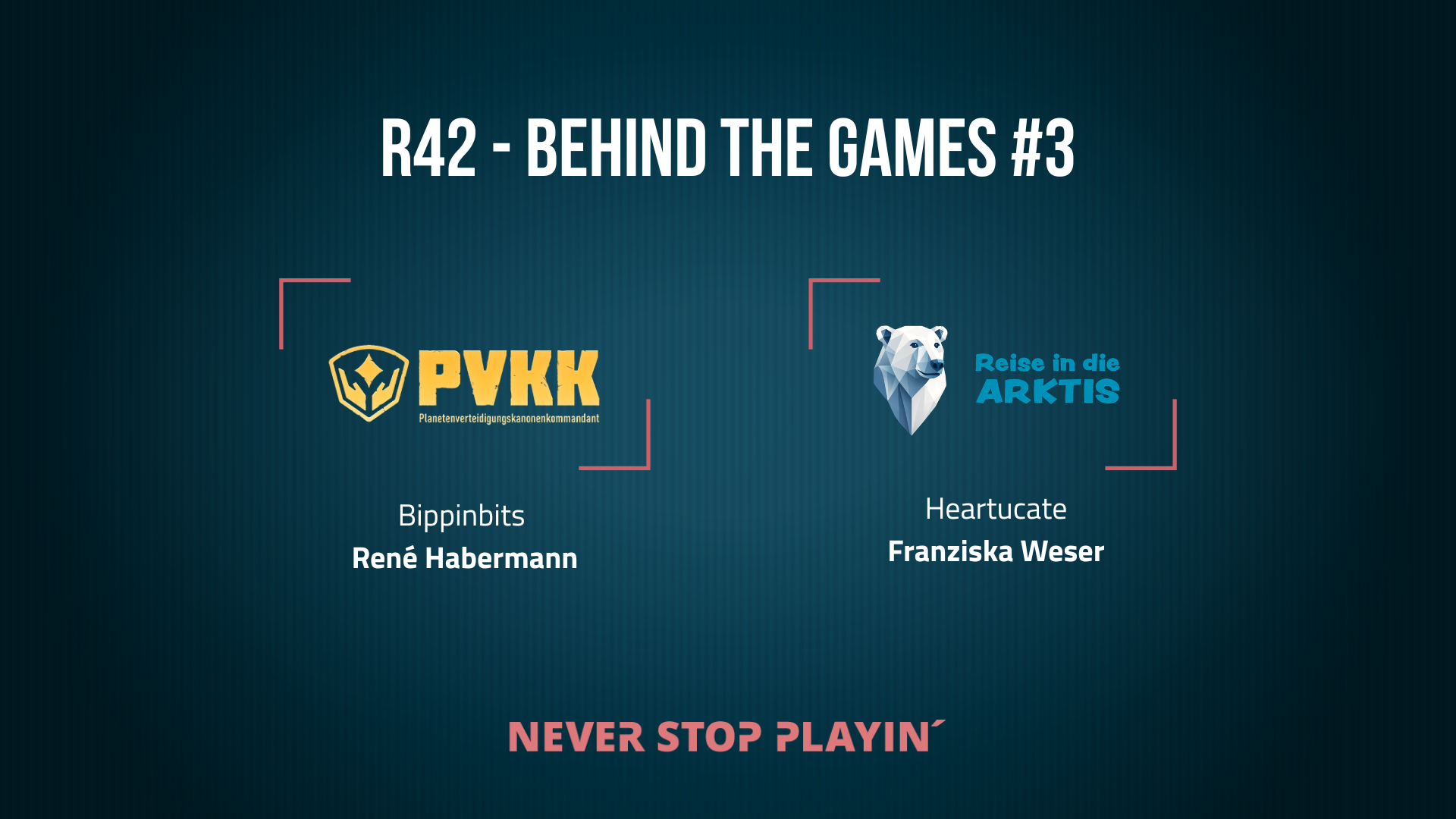 Grafik für die Veranstaltung Behind the Games #3 mit den Logos der Spiele PVKK und Reise in die Arktis.